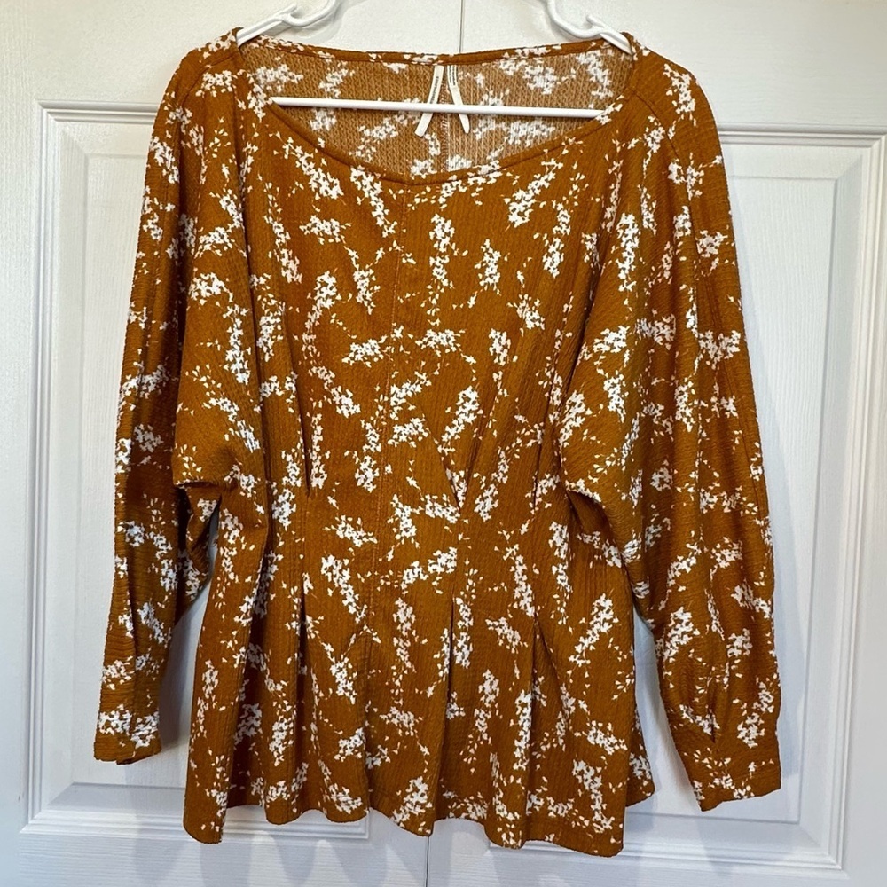By Anthropologie Peplum Floral Puff Sleeve Blouse Brown Cream Small